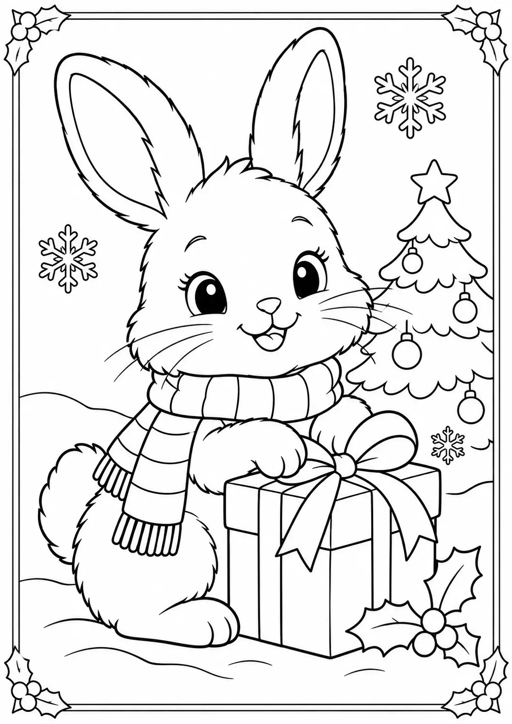 Bunny wearing a scarf beside a wrapped Christmas present and tree coloring page