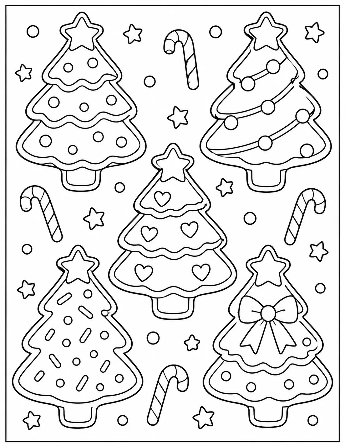 Christmas tree cookies with different icing and ornament patterns coloring page