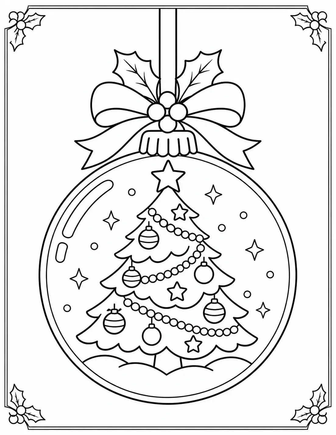 Decorated Christmas tree inside a hanging round ornament coloring page
