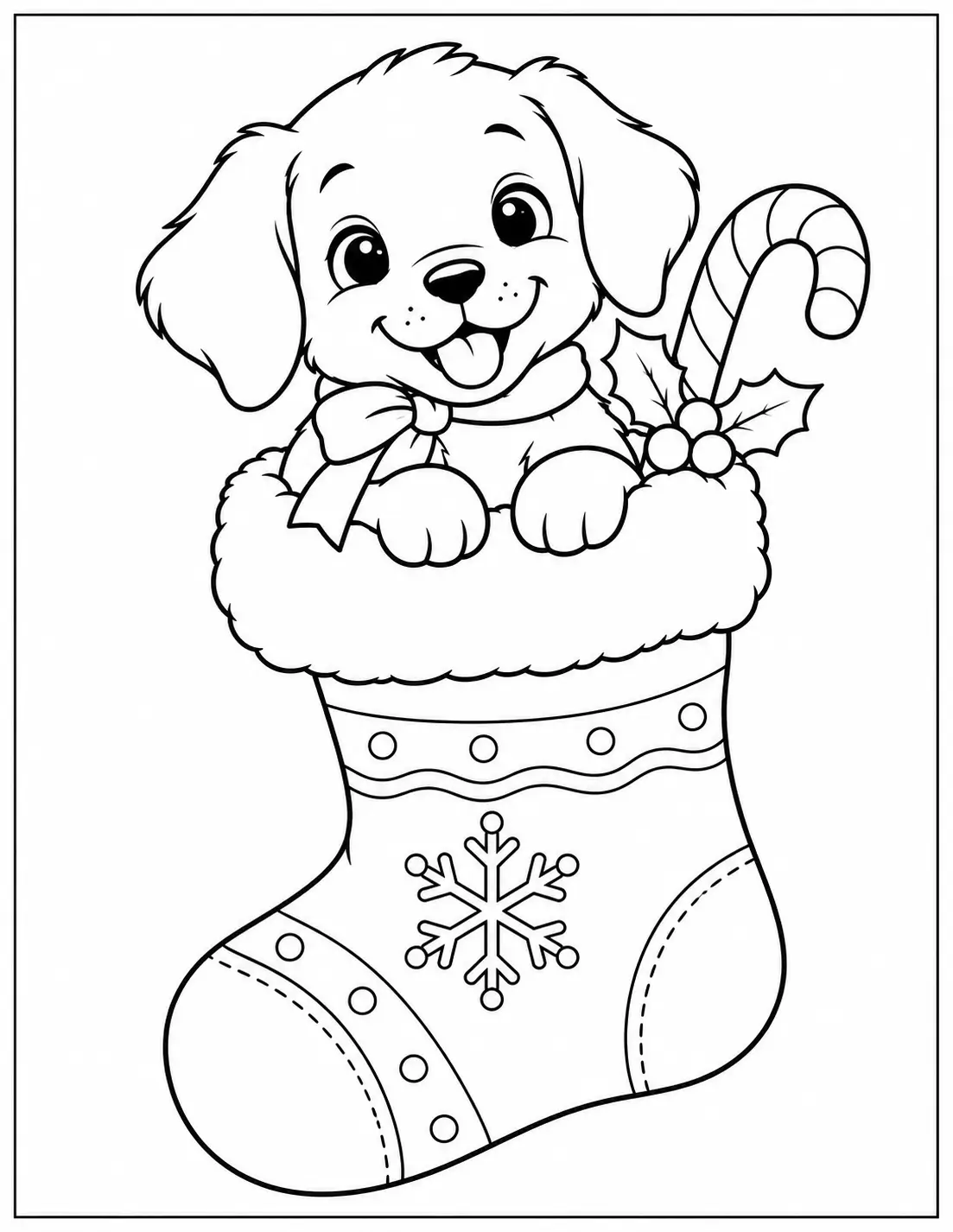 Cute puppy peeking out of a Christmas stocking with a candy cane coloring page