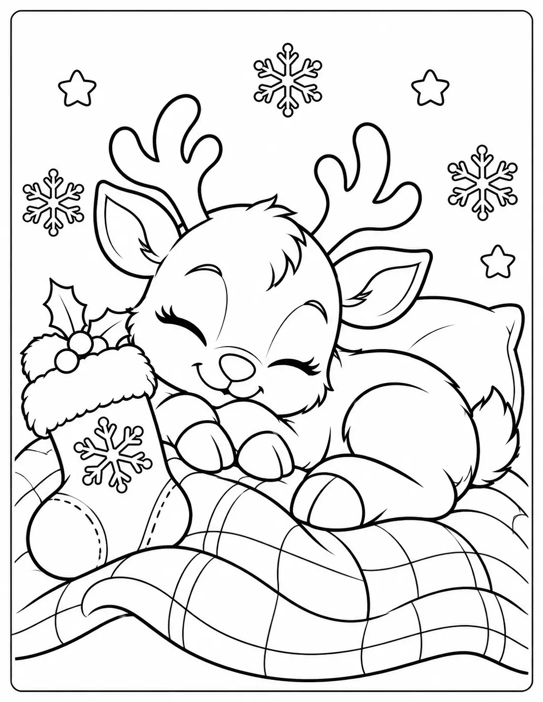 Sleeping baby reindeer curled up on a blanket beside a Christmas stocking coloring page