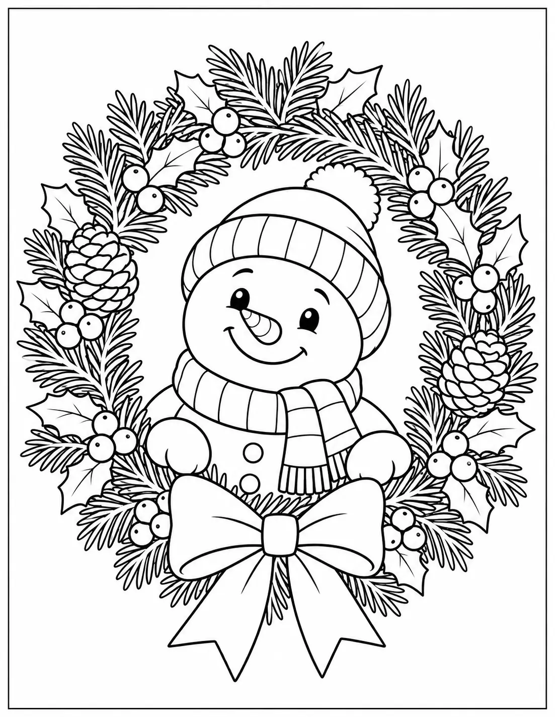 Smiling snowman with a scarf inside a Christmas wreath coloring page