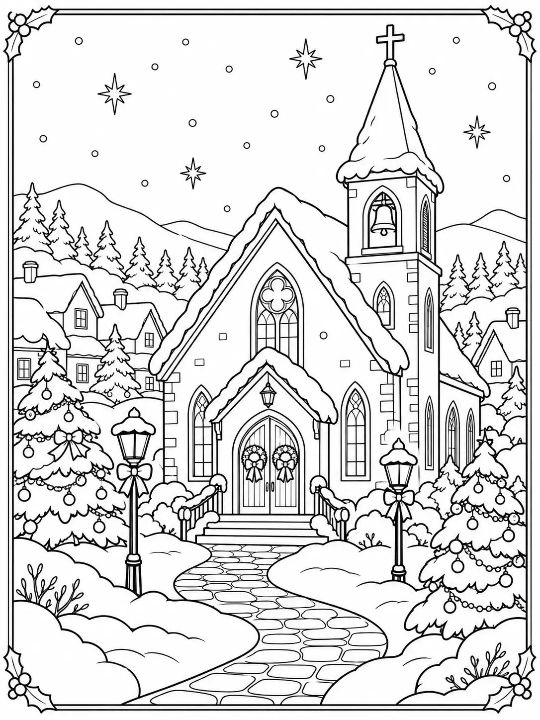 Snowy village church with bell tower, Christmas trees, and a winding stone walkway