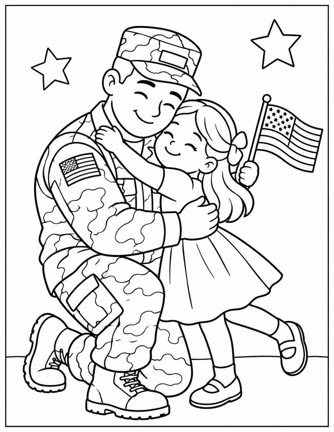 Veteran kneeling to hug his daughter holding a small American flag coloring page