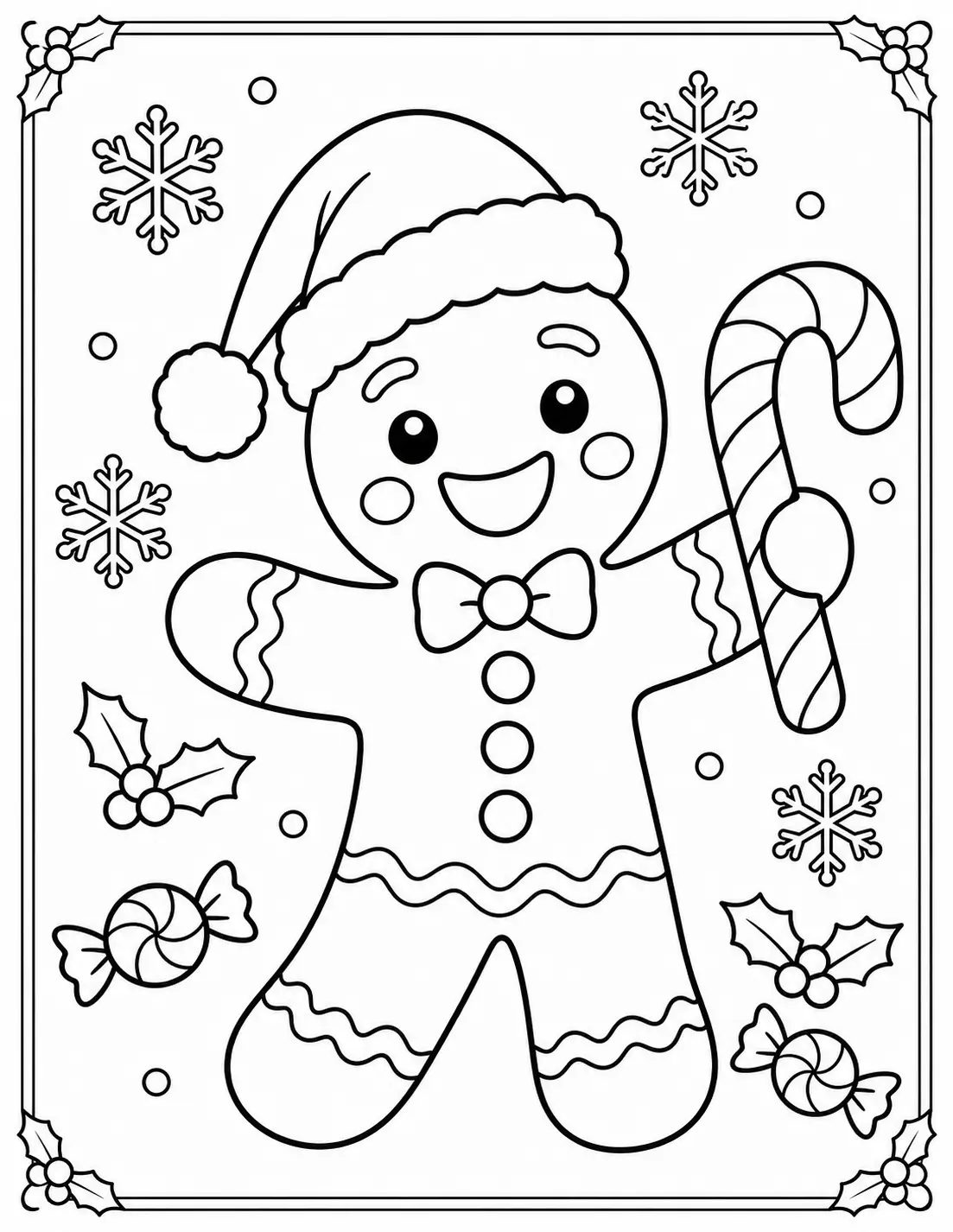 Happy gingerbread man wearing a Santa hat and holding a candy cane coloring page