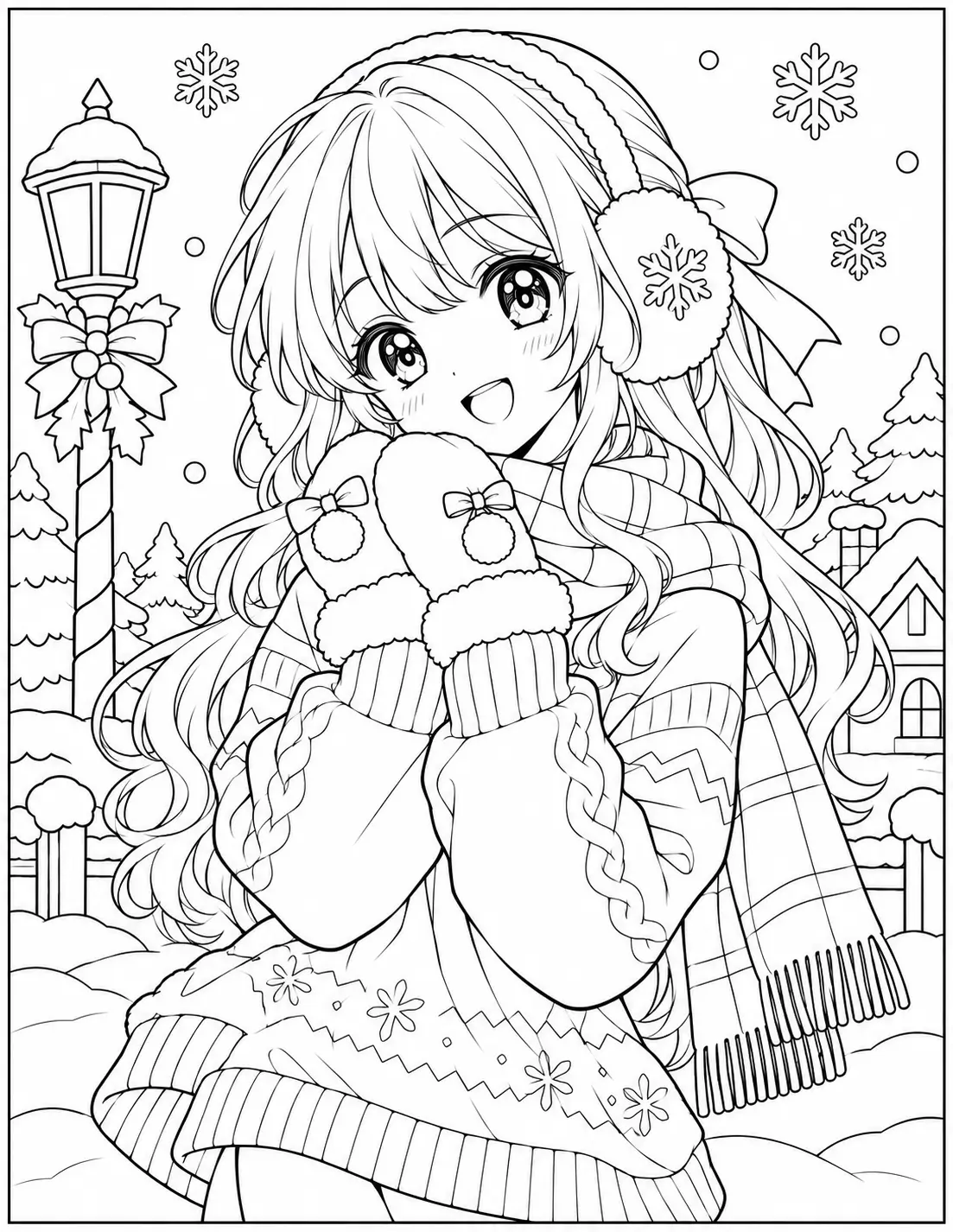 Anime girl wearing a cozy Christmas sweater and earmuffs coloring page