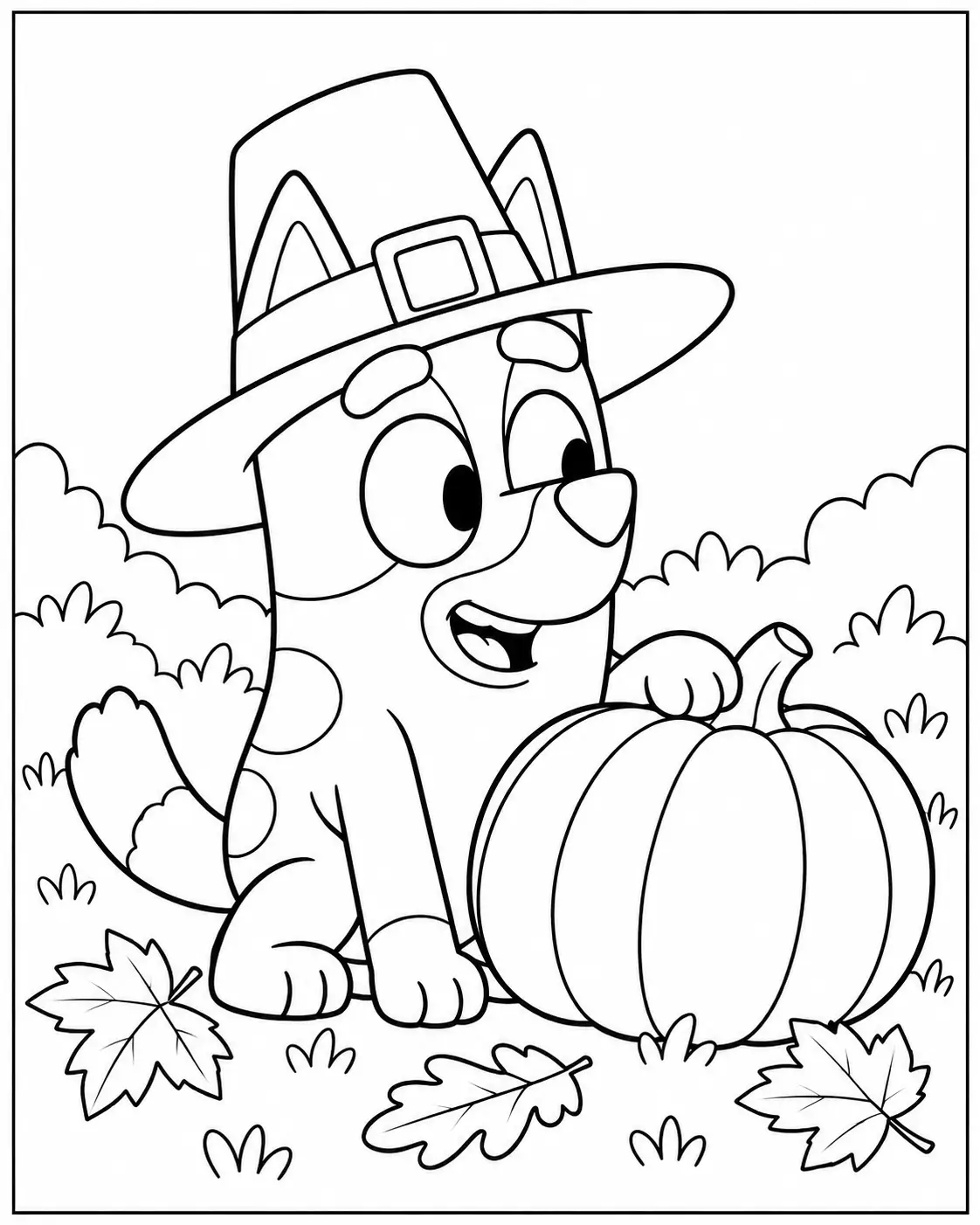 Bluey wearing a pilgrim hat coloring page