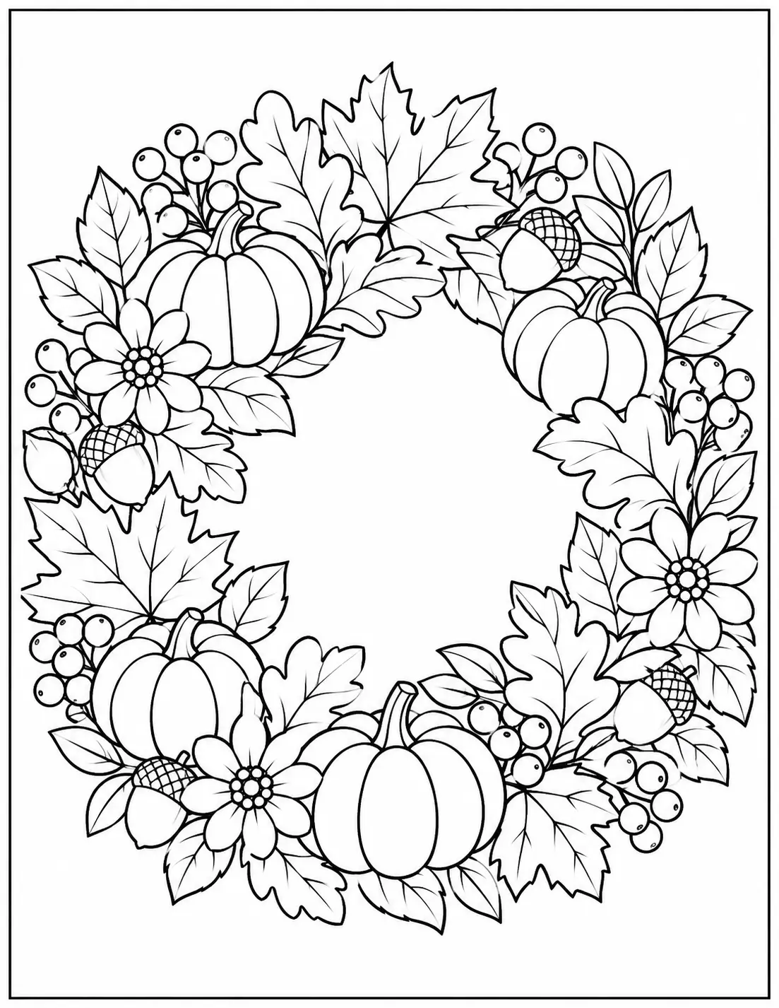Fall harvest wreath adult Thanksgiving coloring page