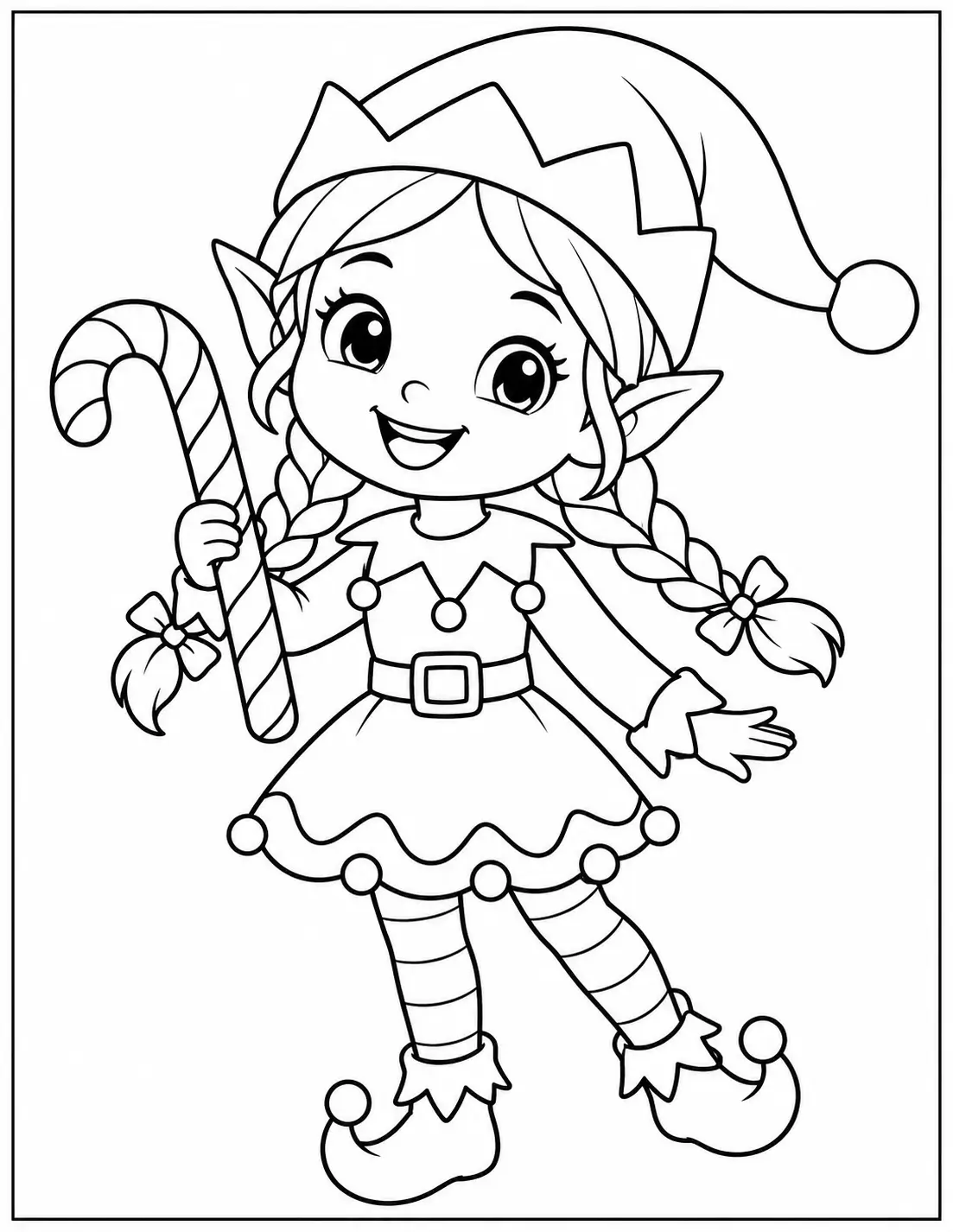 Girl Christmas elf with braids and a candy cane coloring page