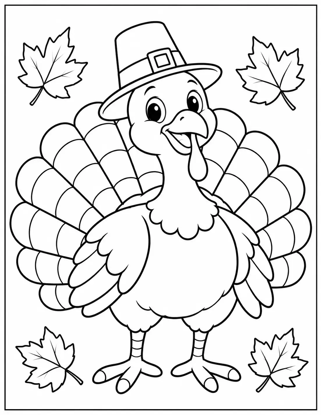 Turkey wearing pilgrim hat Thanksgiving coloring page