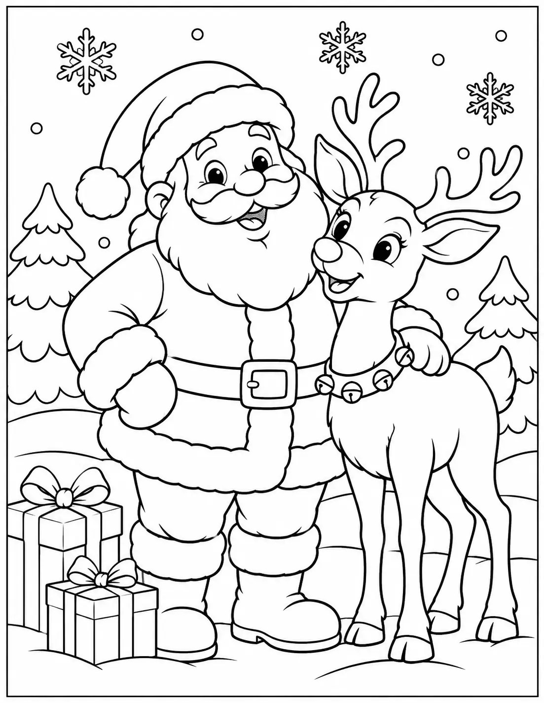 Santa Claus standing with Rudolph the reindeer in the snow coloring page