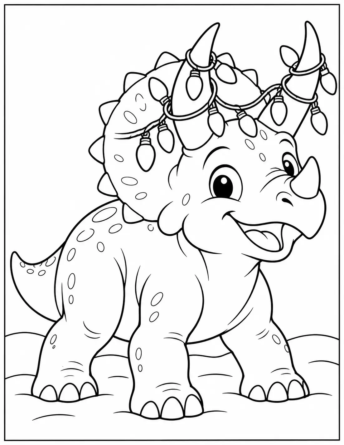 Smiling Triceratops with Christmas string lights wrapped around its horns coloring page