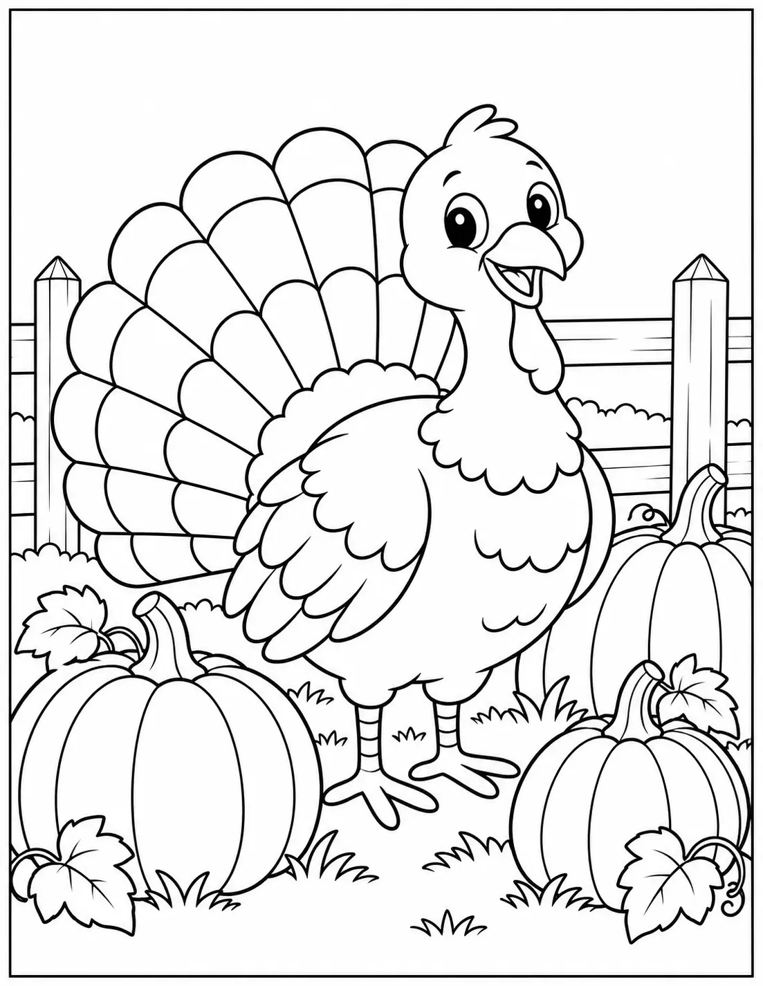 Turkey in a pumpkin patch coloring page