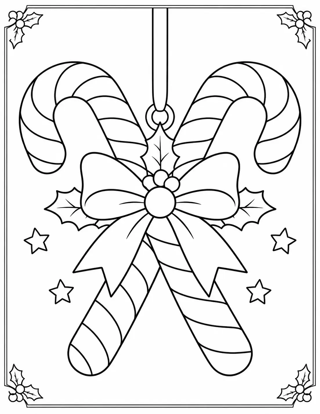Two crossed striped candy canes tied with a bow Christmas ornament coloring page