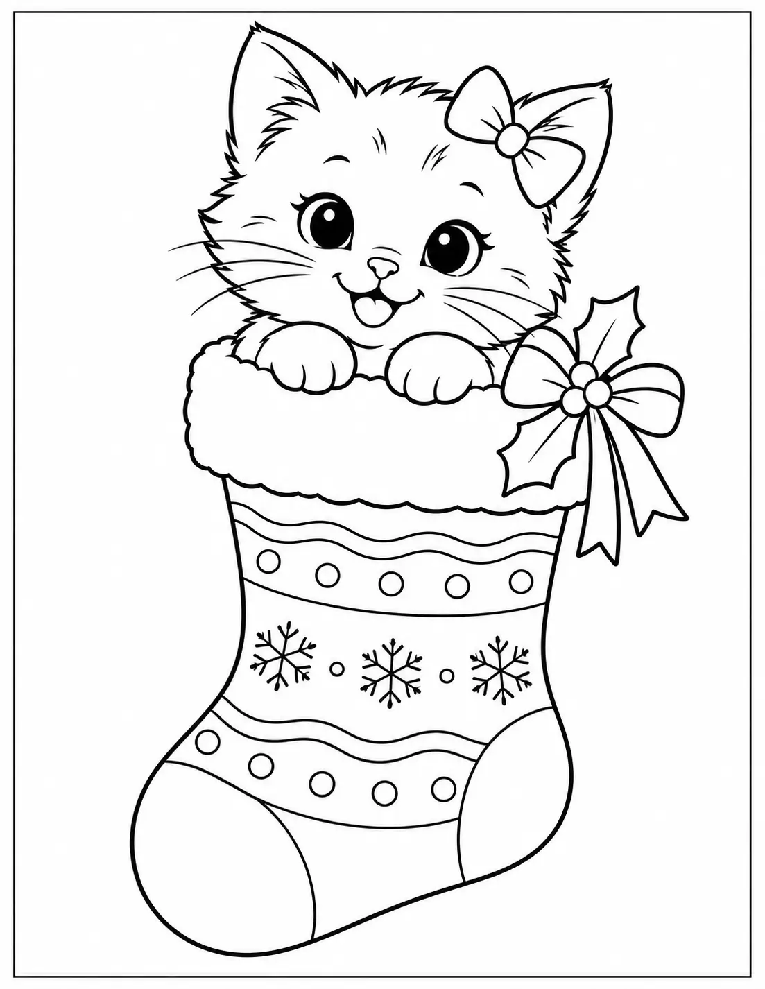 Smiling kitten with a bow sitting inside a decorated Christmas stocking coloring page