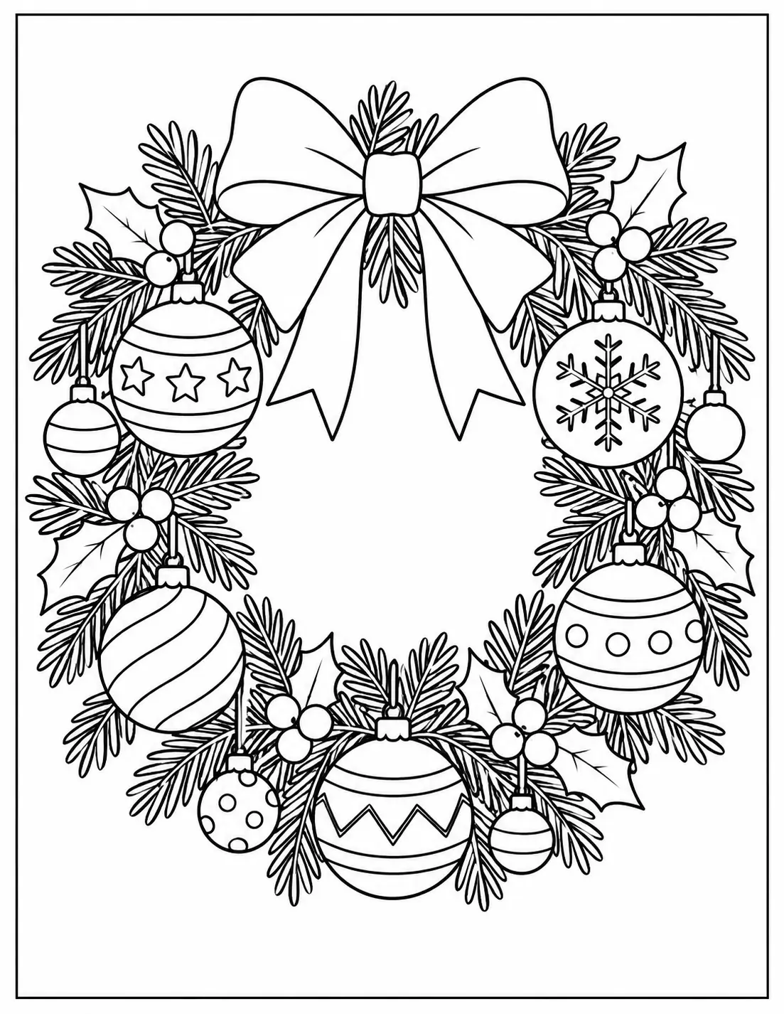 Christmas wreath decorated with patterned hanging ornaments coloring page