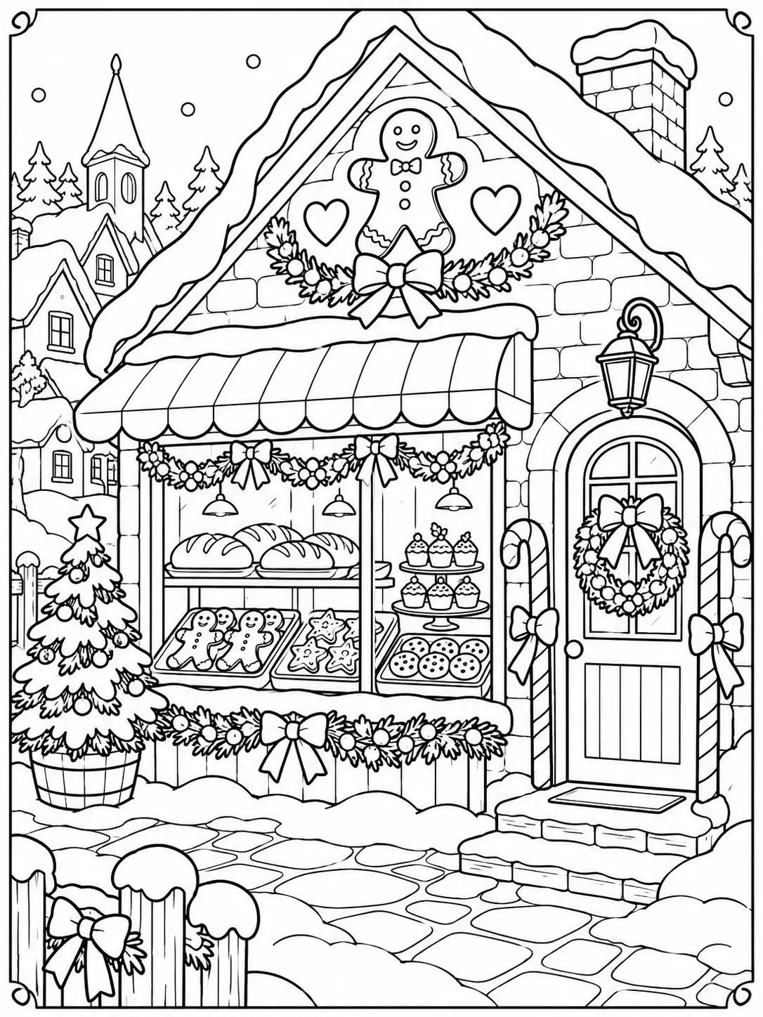 Christmas village bakery window with gingerbread cookies, cupcakes, candy canes, and bread