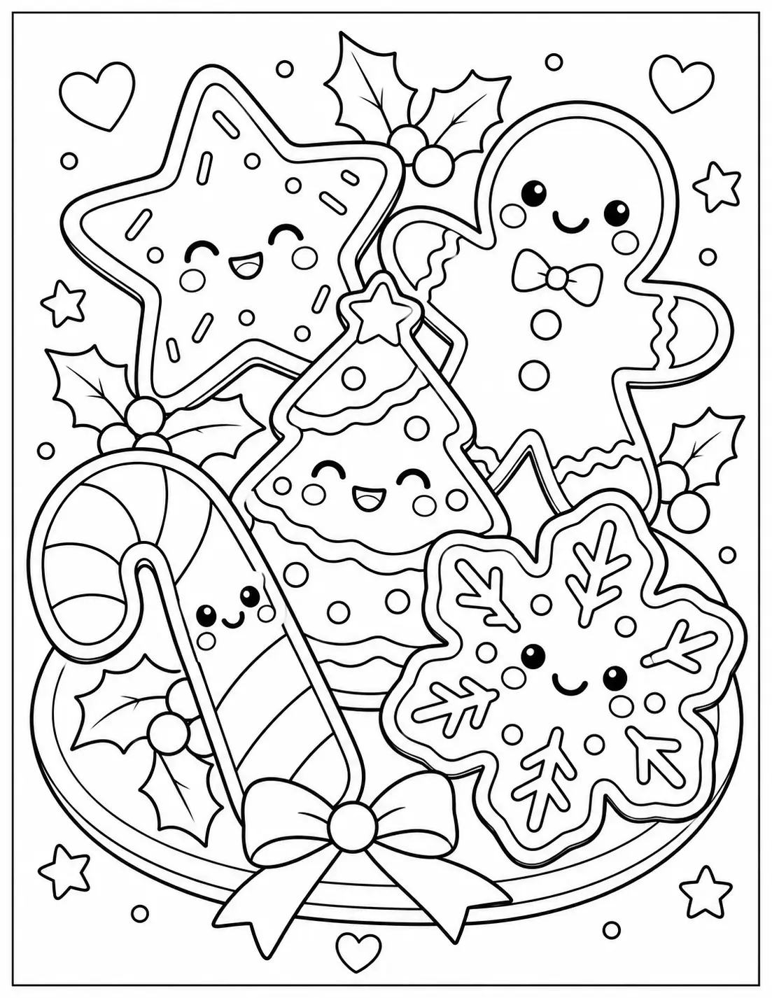 Smiling gingerbread, star, Christmas tree and snowflake cookies coloring page