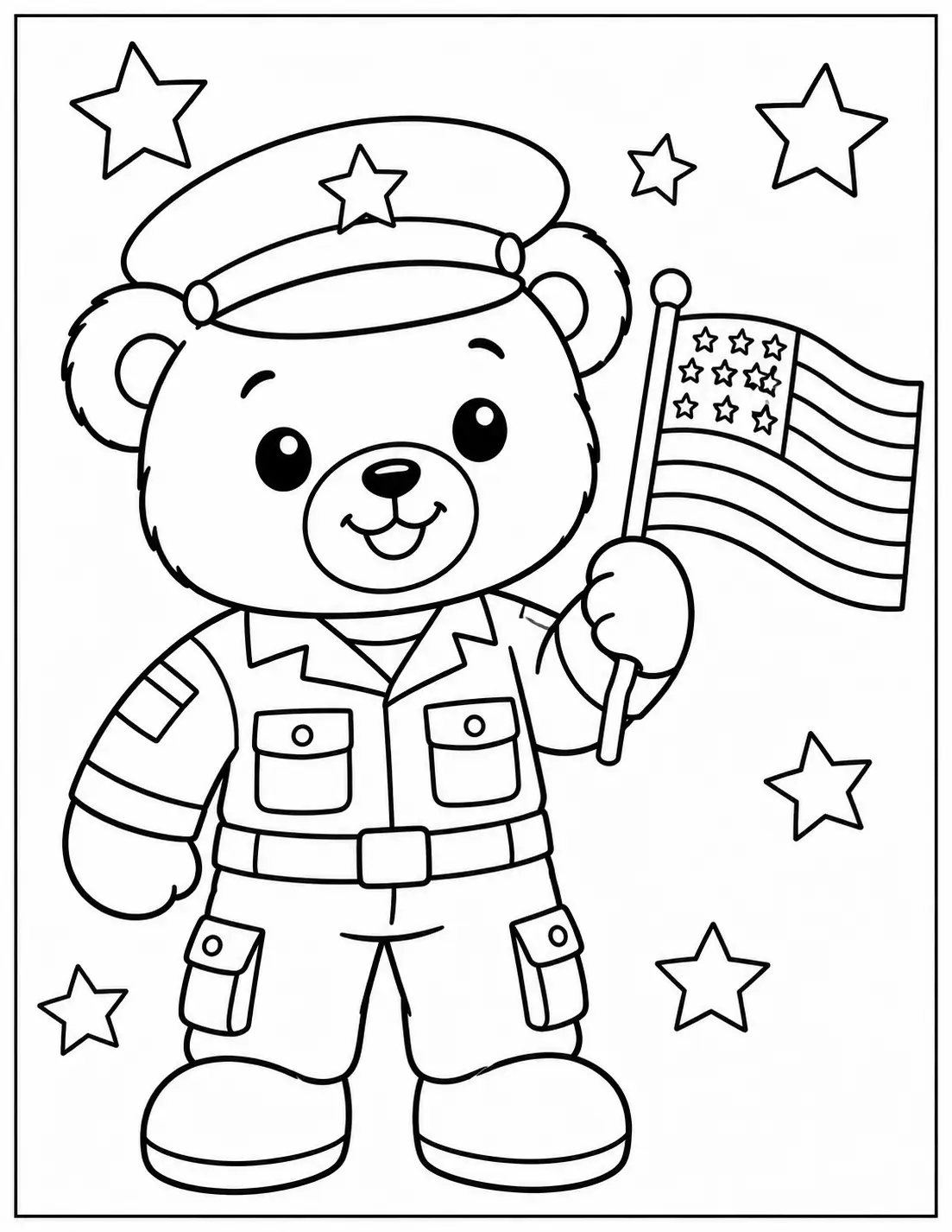 Cute teddy bear wearing a military uniform and holding an American flag coloring page