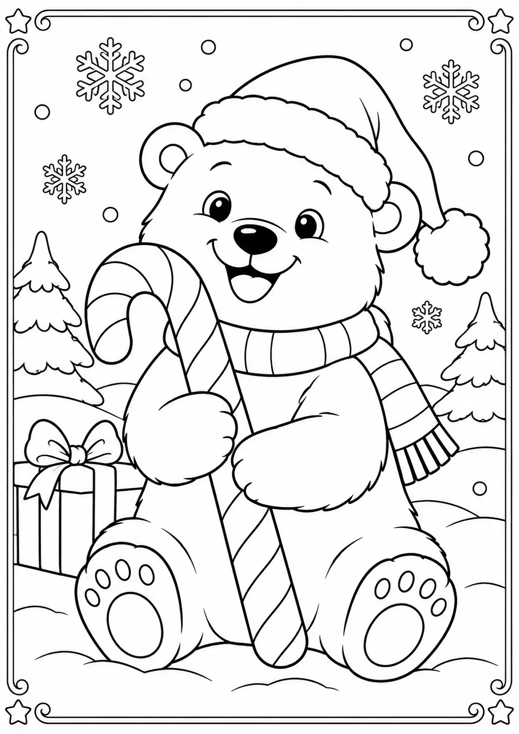 Polar bear wearing a Santa hat and holding a striped candy cane coloring page