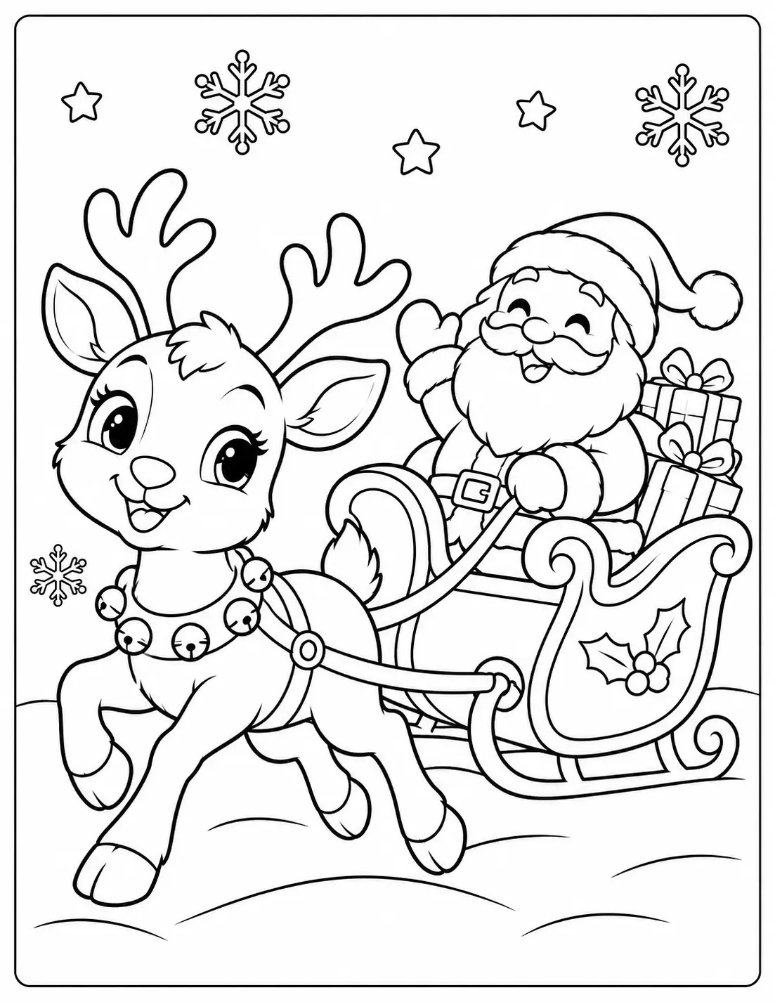 Happy reindeer pulling Santa in a sleigh of gifts coloring sheet