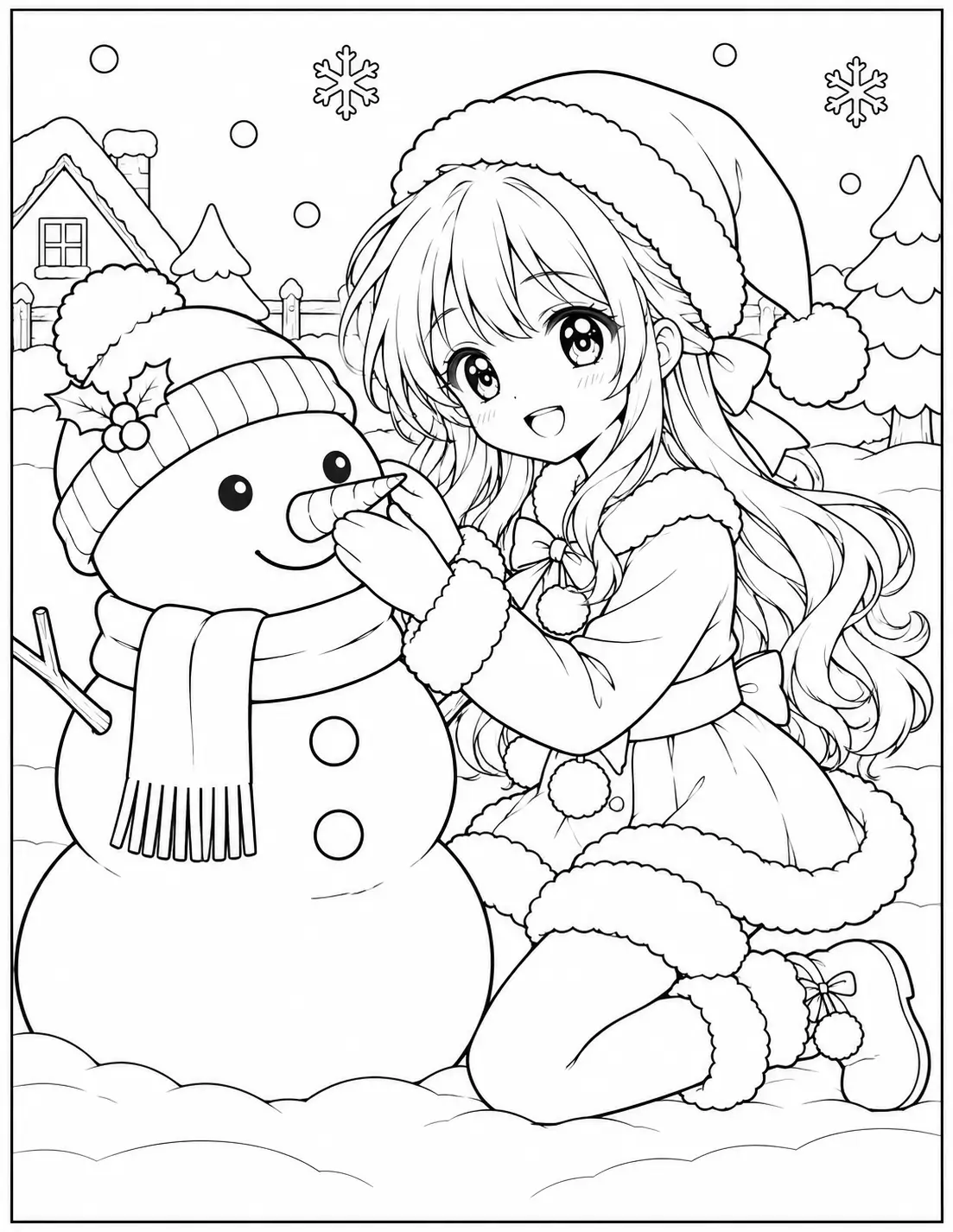 Anime girl building a snowman in a snowy village coloring page