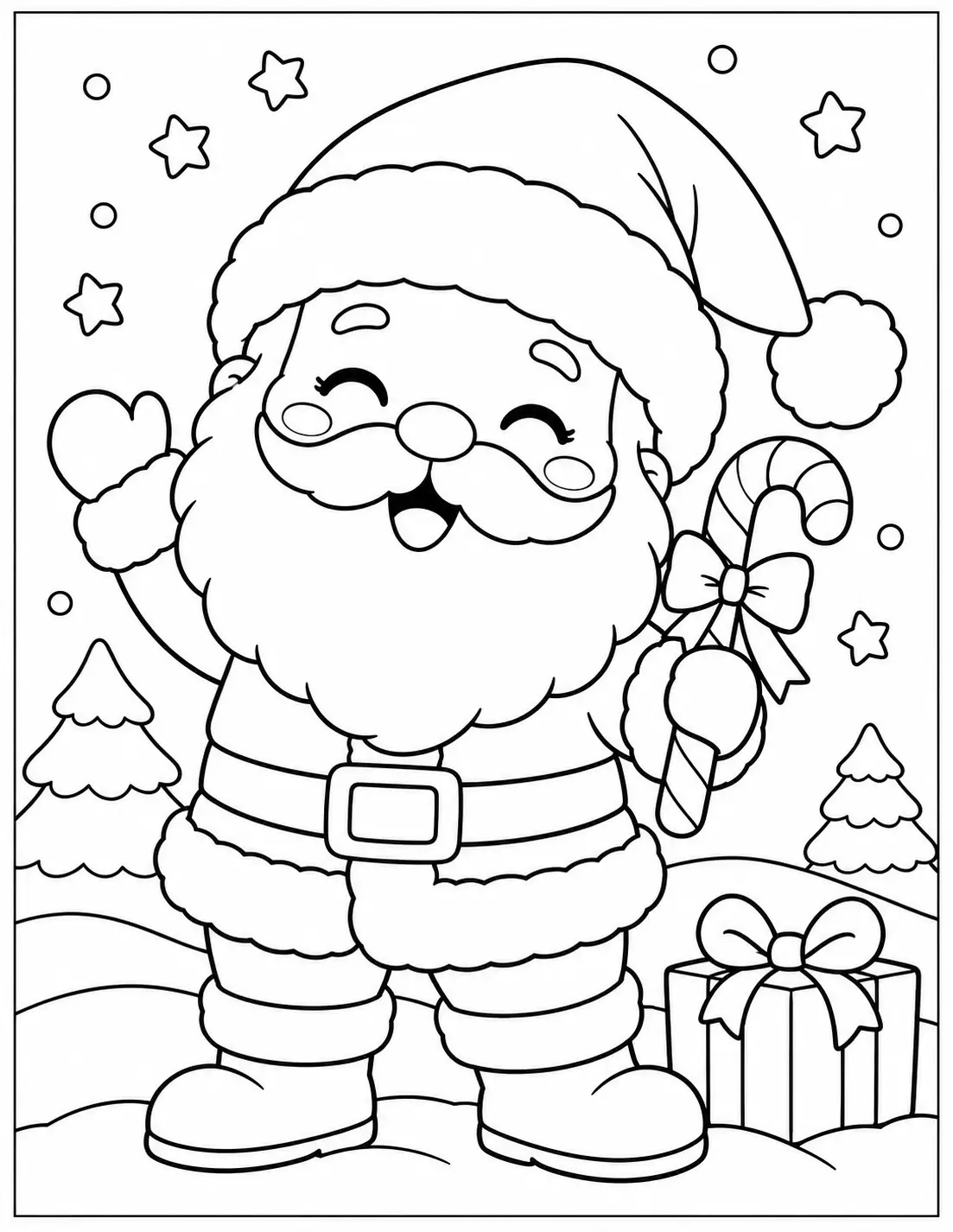 Cute kawaii Santa Claus holding a candy cane with a Christmas present coloring page