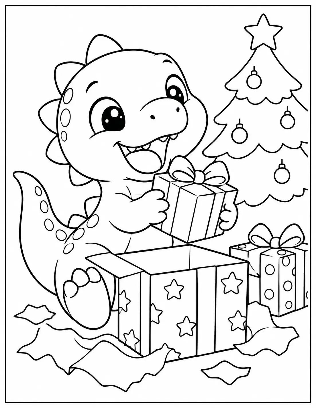 Excited baby dinosaur opening Christmas gift boxes beside a decorated tree coloring page