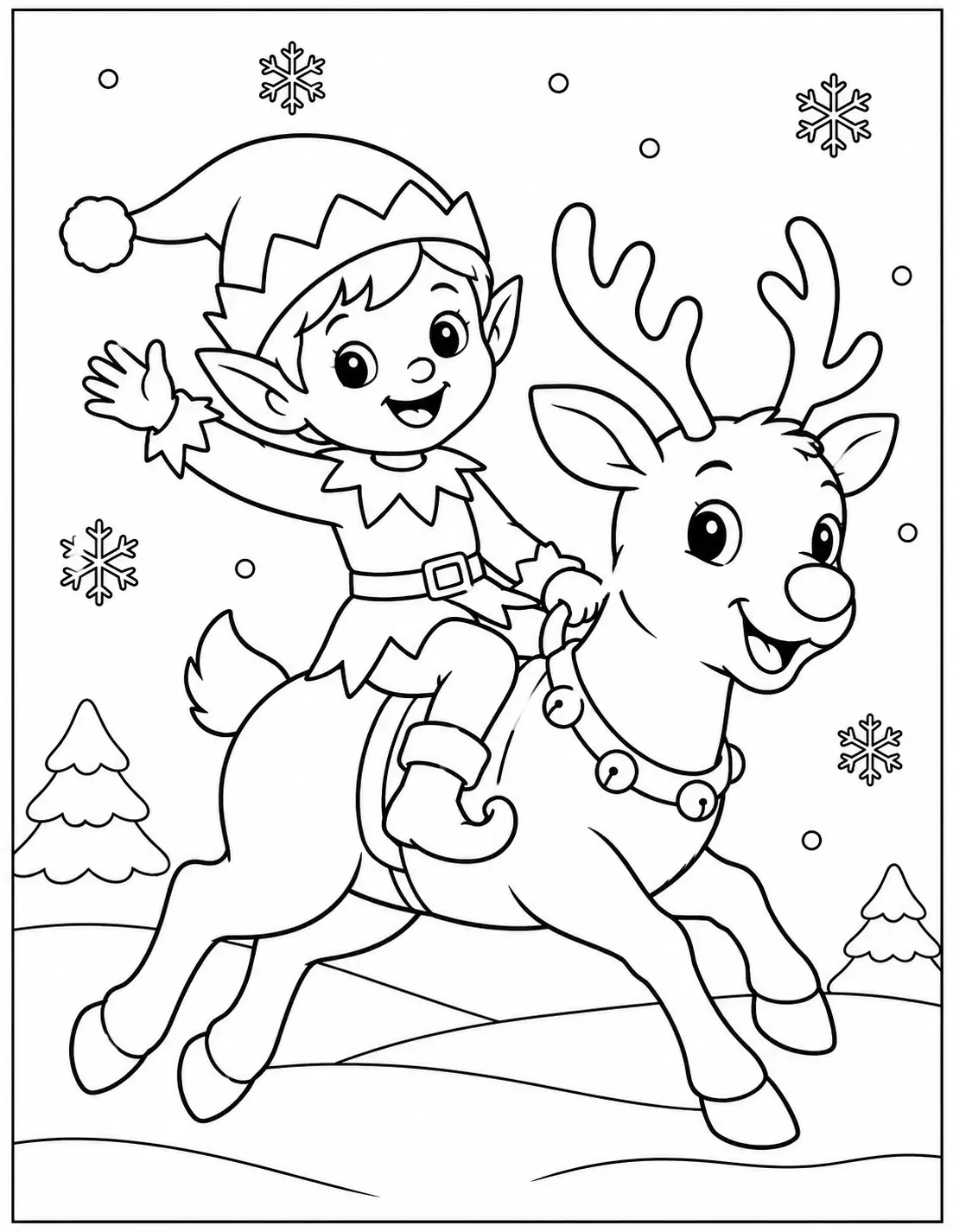 Cheerful elf riding a friendly reindeer through the snow coloring page