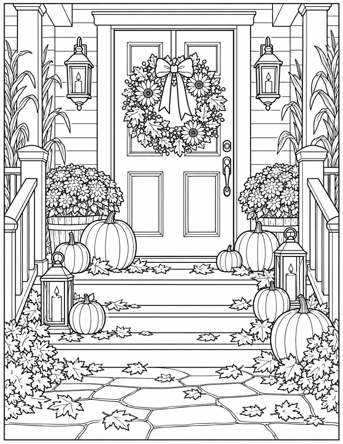 Thanksgiving porch adult coloring page with pumpkins and lanterns