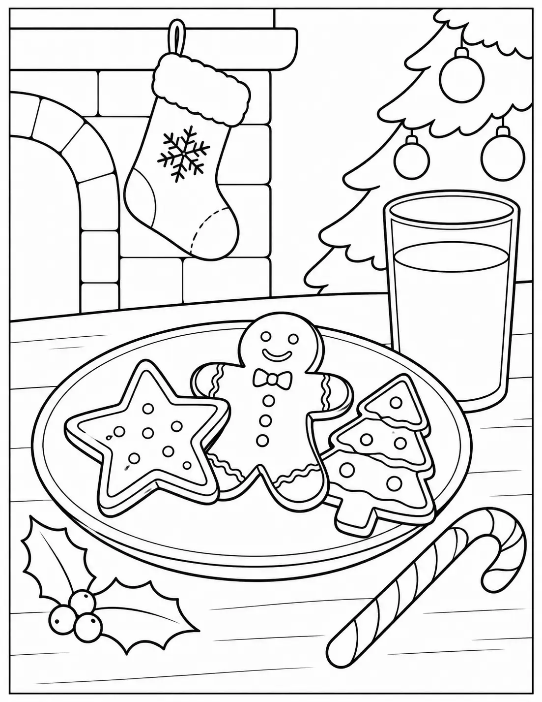 Plate of Christmas cookies beside a glass of milk coloring page