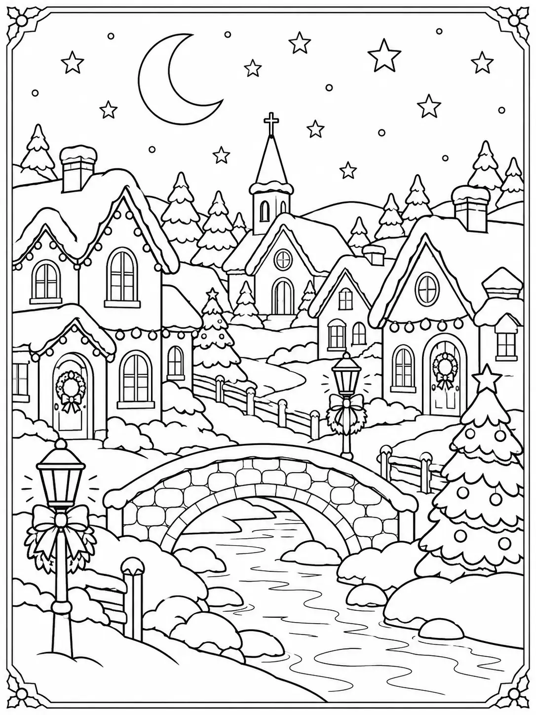 Christmas village at night with a crescent moon, starry sky, snowy cottages, and stone bridge