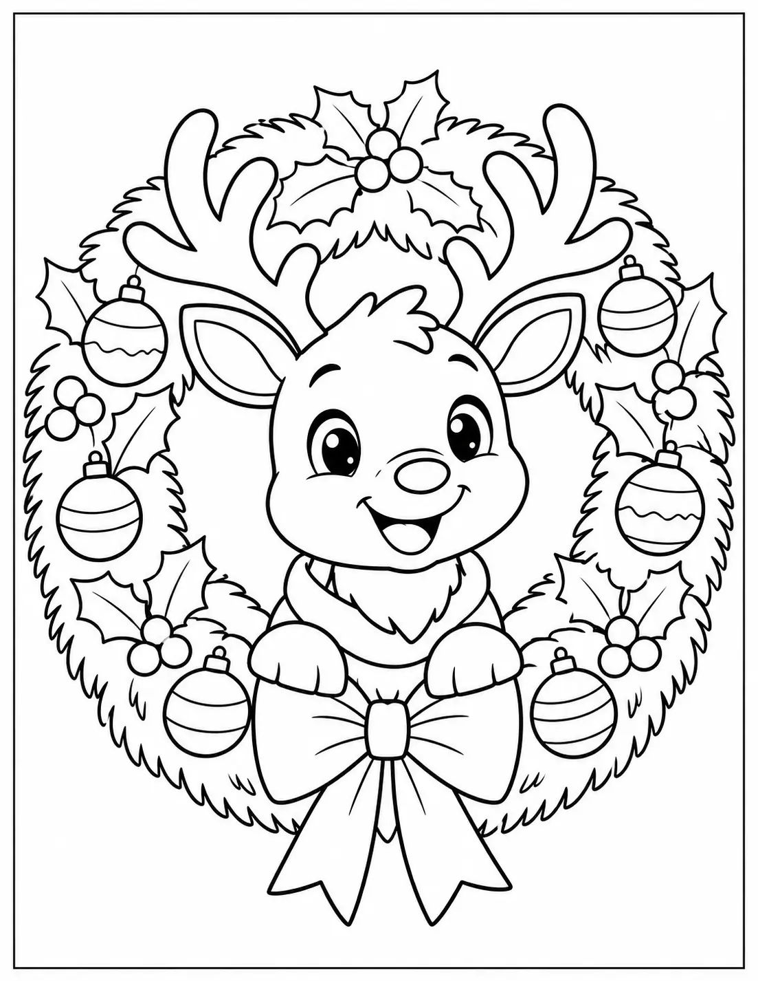 Cute smiling reindeer surrounded by a festive Christmas wreath coloring page