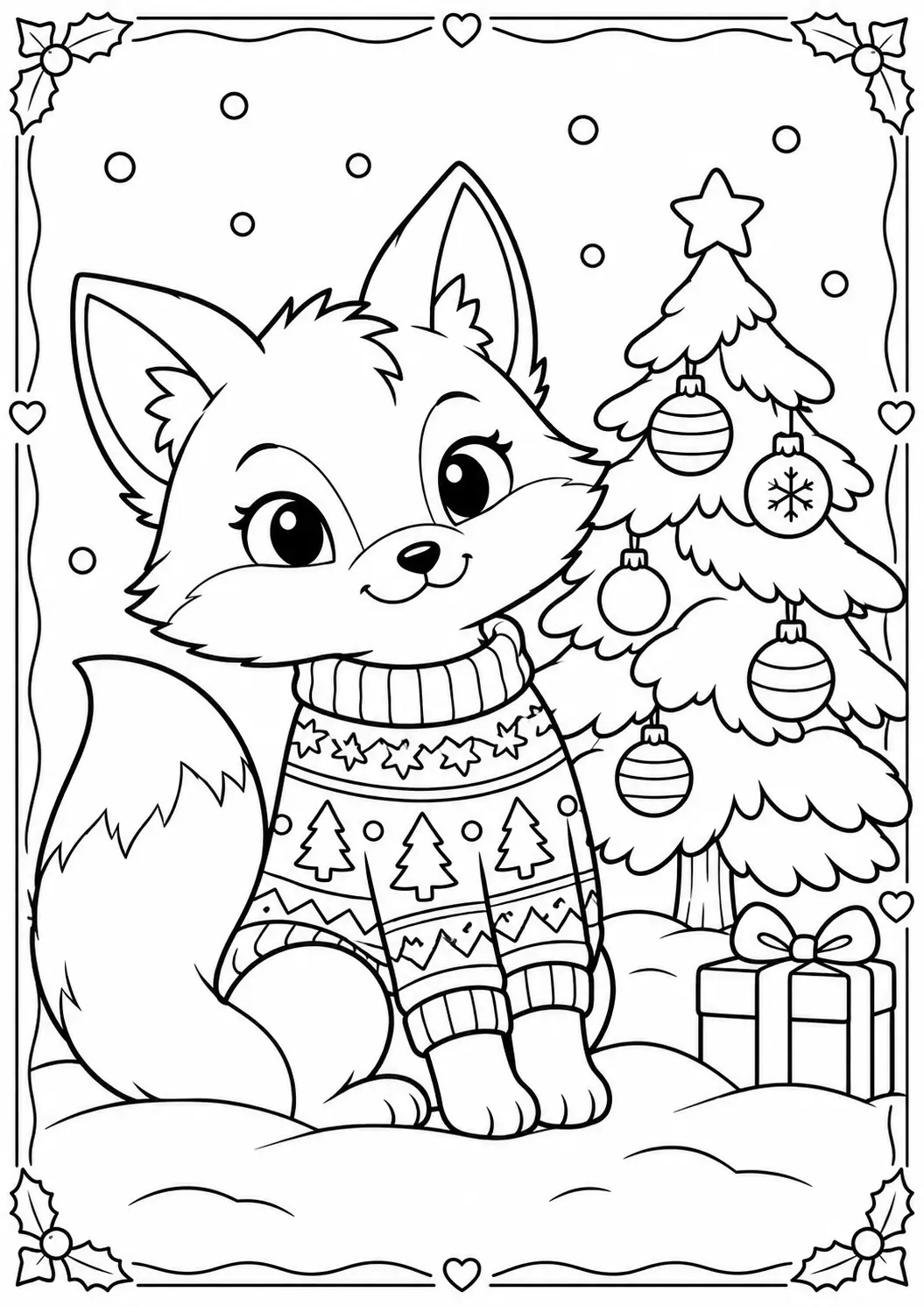 Fox in a patterned Christmas sweater beside a decorated snowy tree coloring page