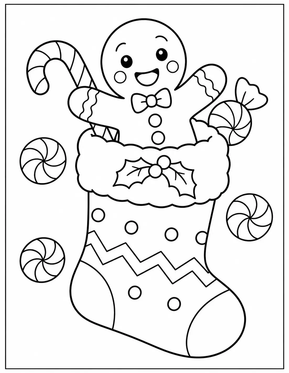 Gingerbread man in a Christmas stocking surrounded by candy coloring sheet
