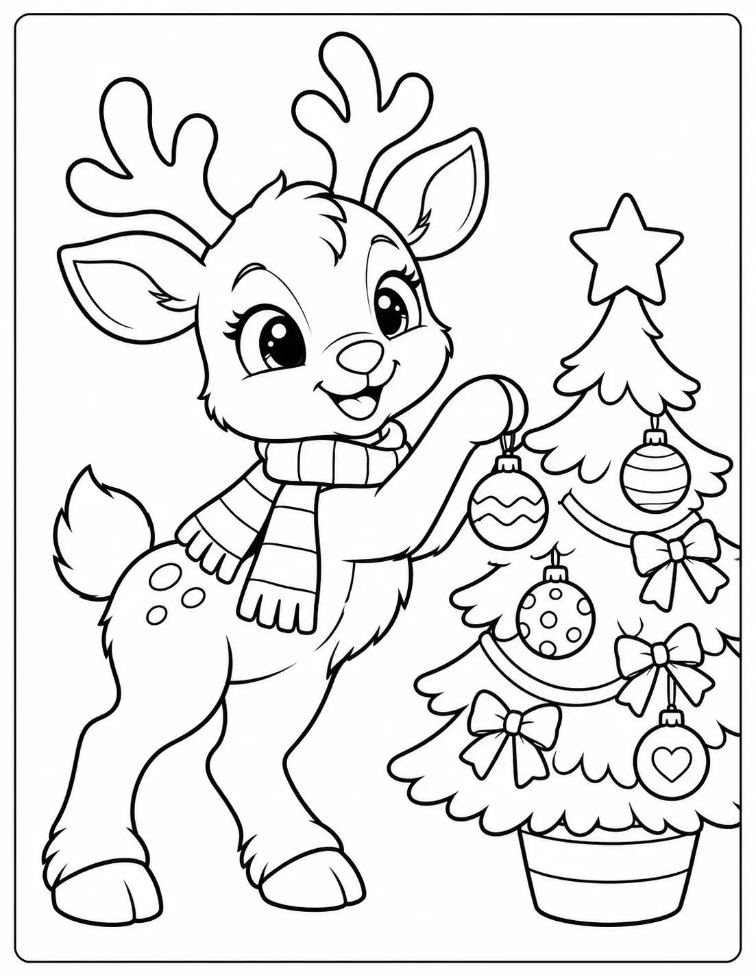 Reindeer decorating a Christmas tree with hanging ornaments coloring page