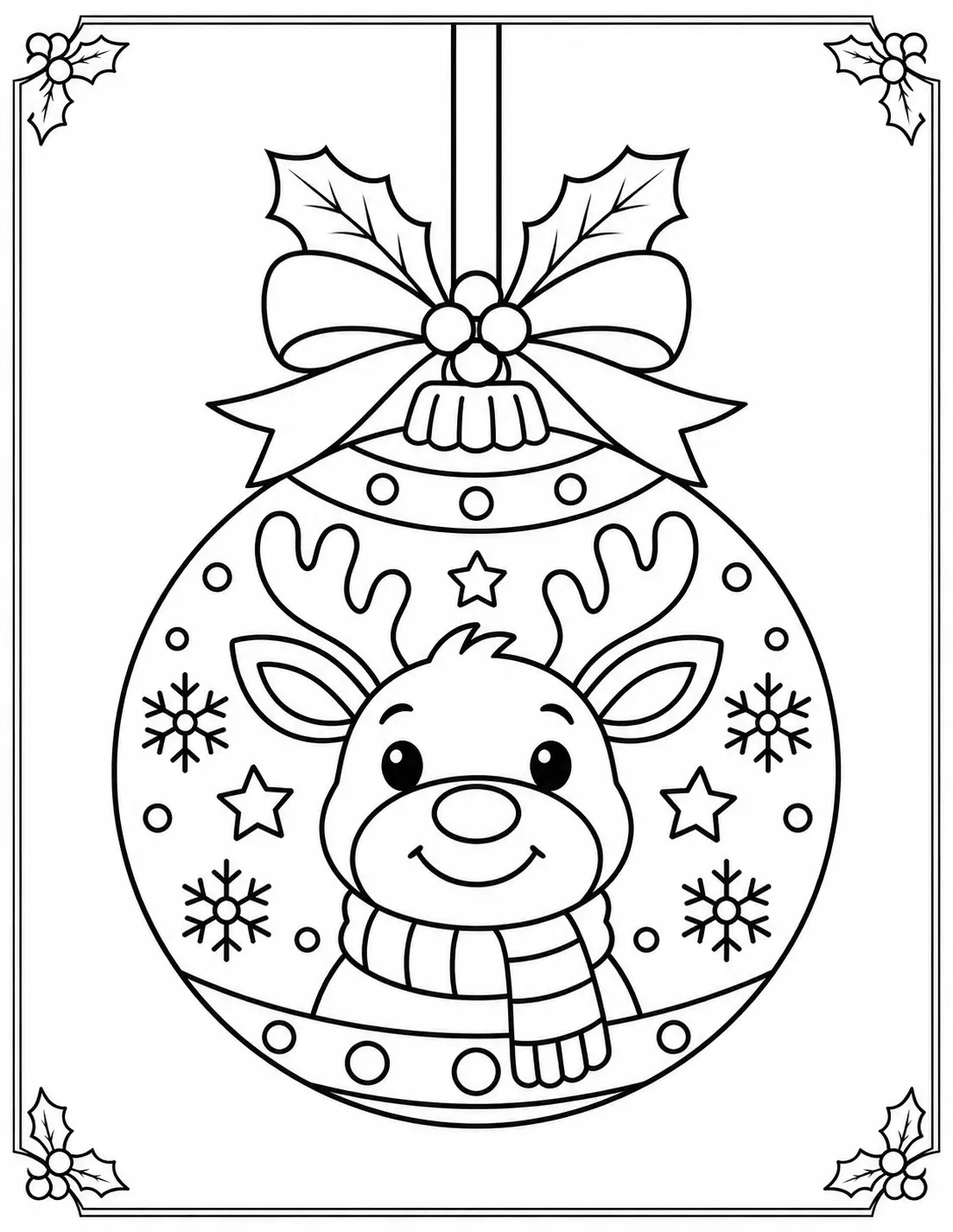 Cute smiling reindeer with antlers in a Christmas bauble coloring page