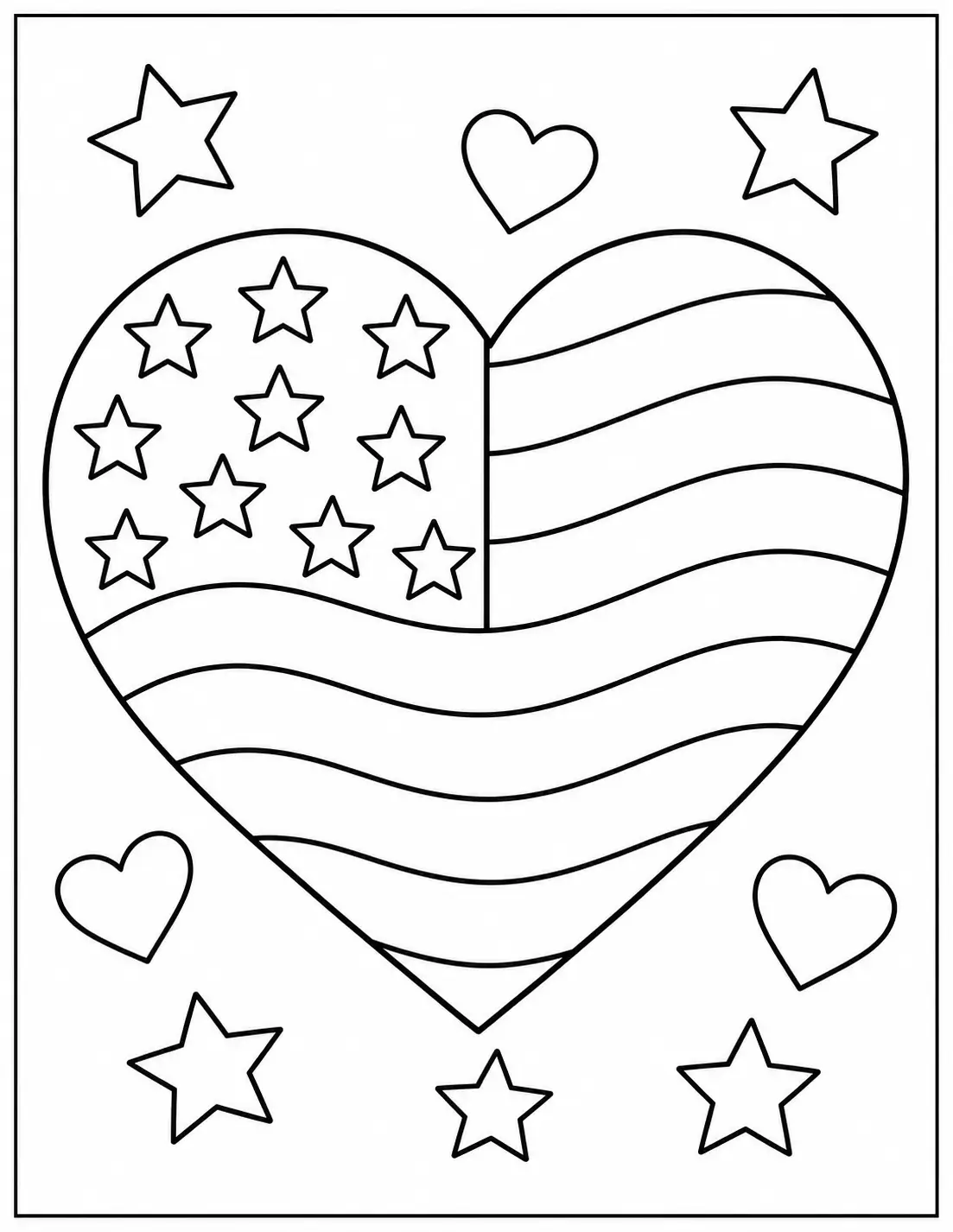 Patriotic heart decorated with American flag stars and stripes coloring page