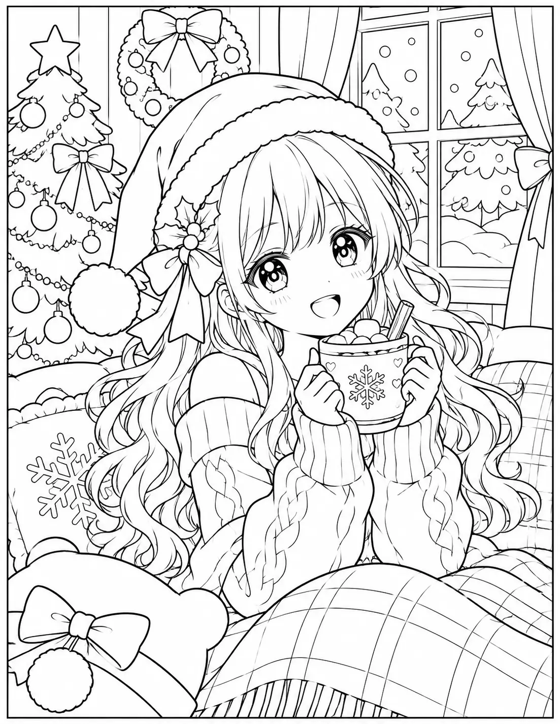 Cute anime girl drinking hot chocolate beside a Christmas window coloring page