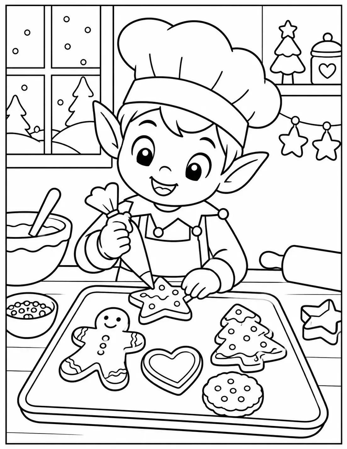 Christmas elf decorating holiday cookies on a baking tray coloring page