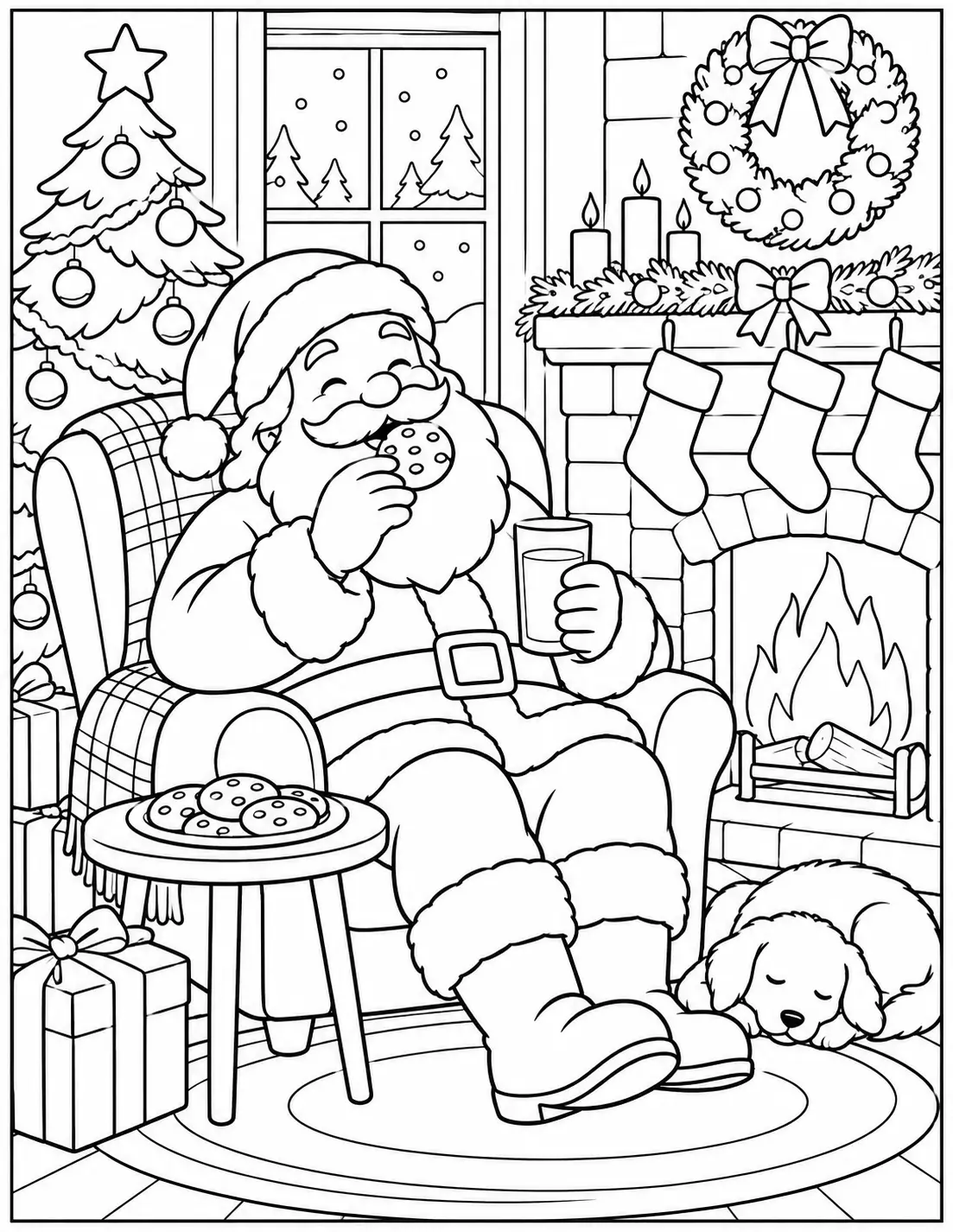 Santa Claus enjoying cookies and milk next to a fireplace coloring page