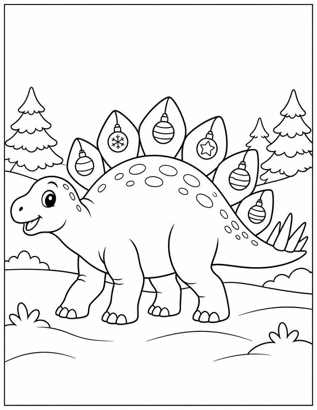 Stegosaurus with Christmas ornaments hanging from its back plates coloring page