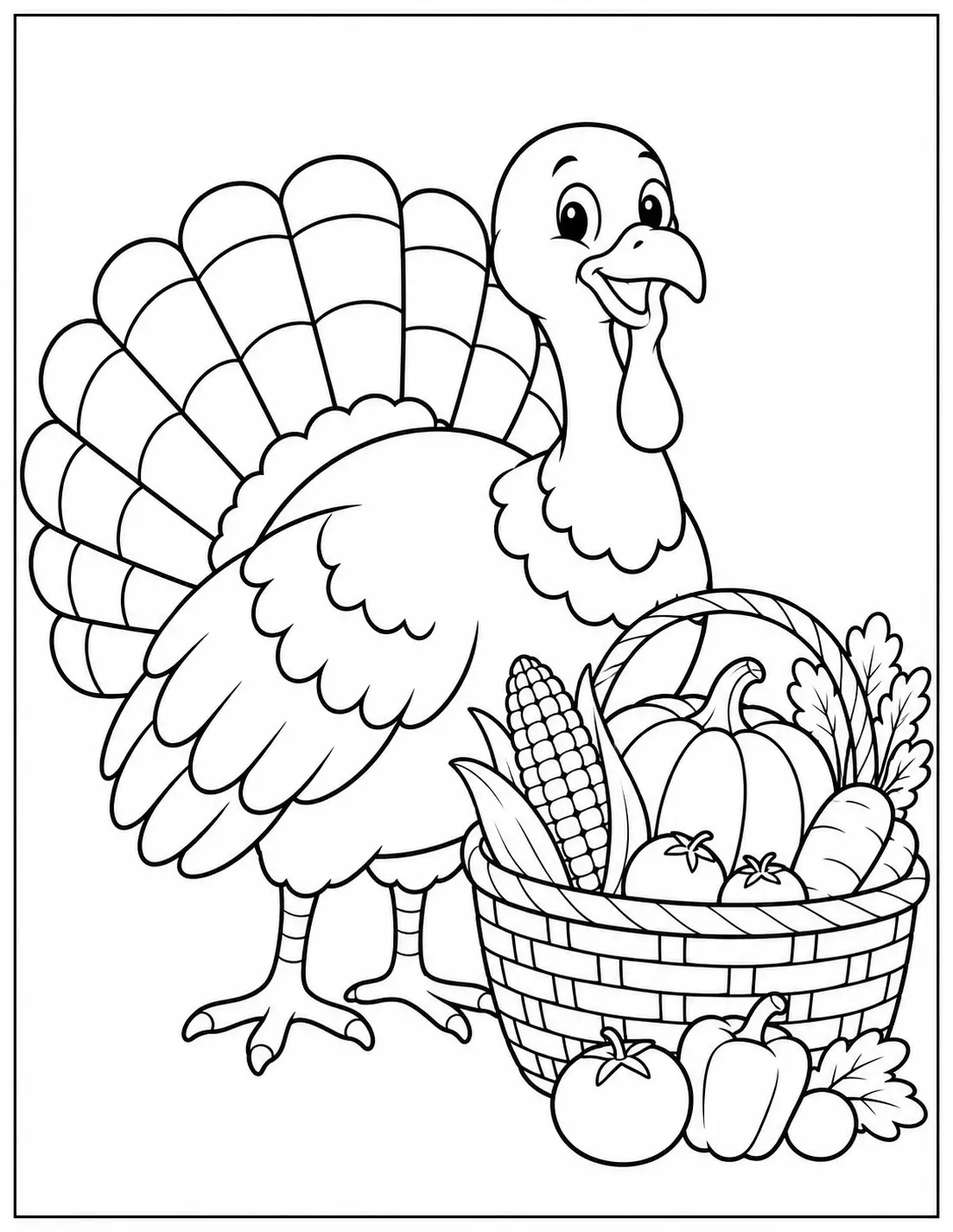 Turkey with vegetable basket coloring page