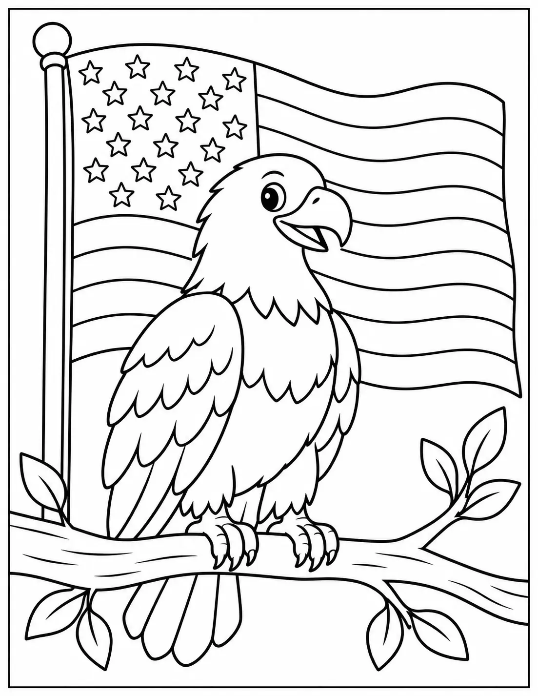 Friendly bald eagle perched on a branch in front of the American flag coloring page