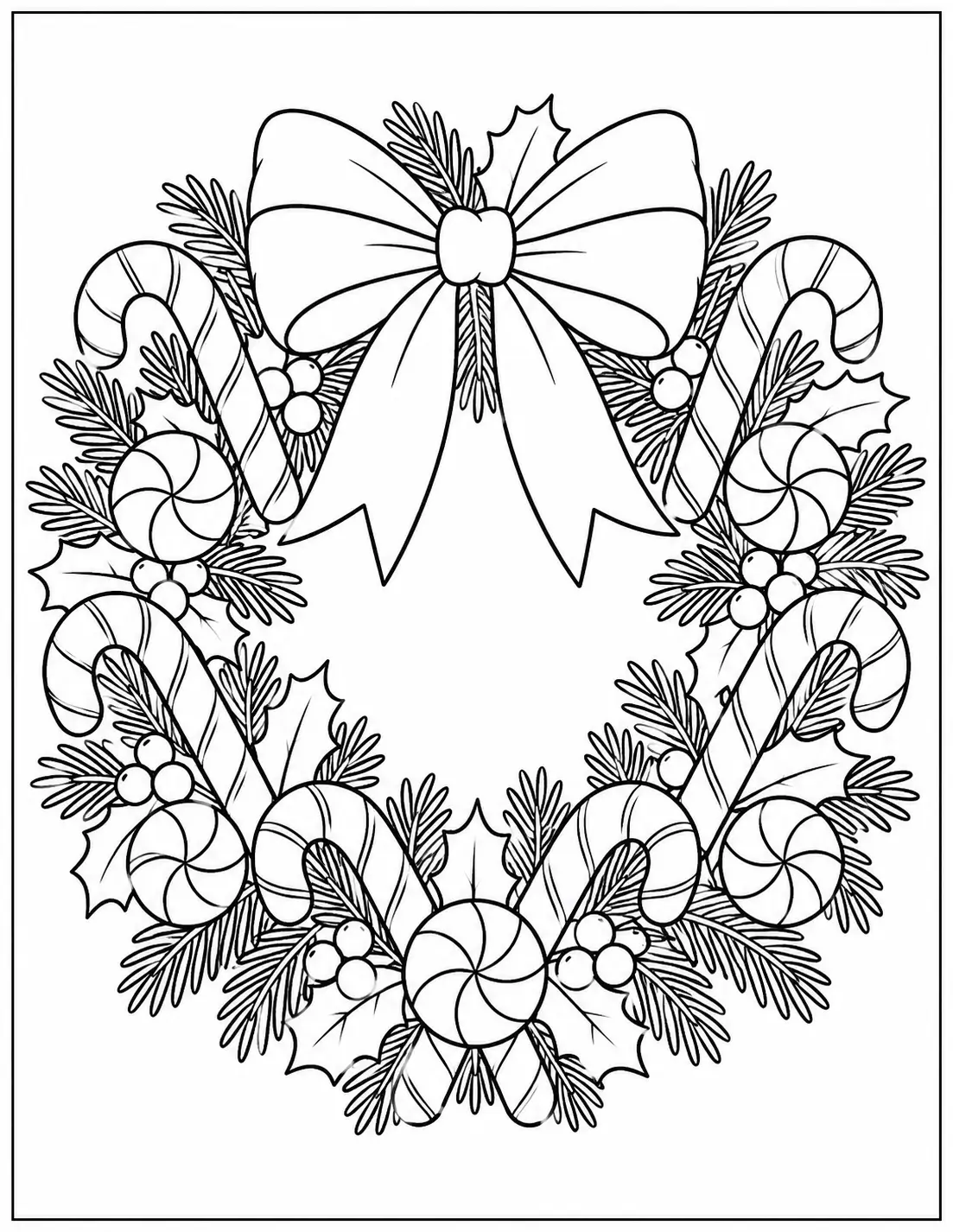 Candy canes and peppermint sweets decorating a Christmas wreath coloring page
