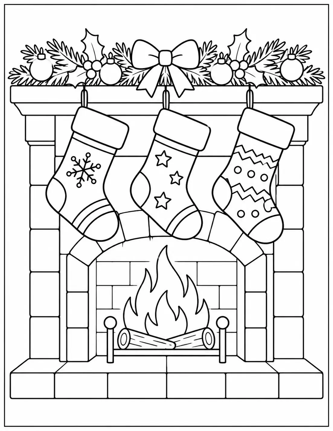 Three Christmas stockings hanging over a decorated fireplace coloring page
