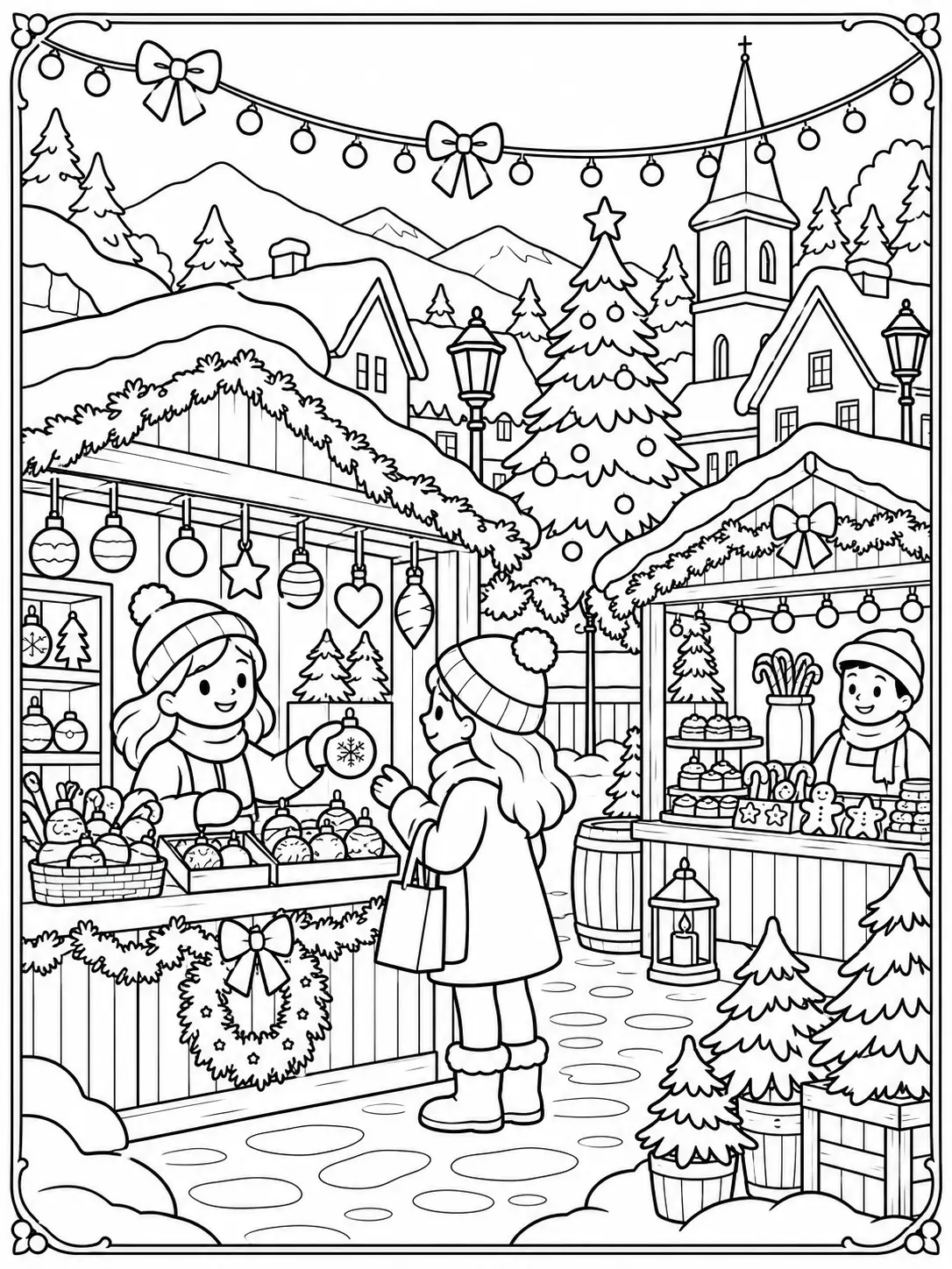 Christmas village market with decorated stalls, Christmas ornaments, treats, and shoppers