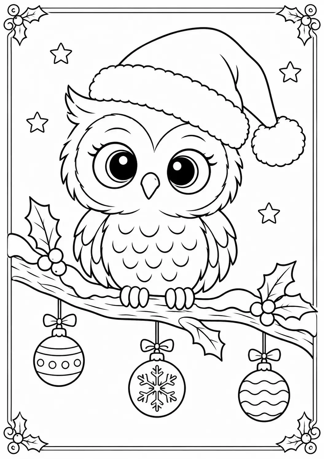 Owl wearing a Santa hat on a branch with hanging Christmas ornaments coloring page