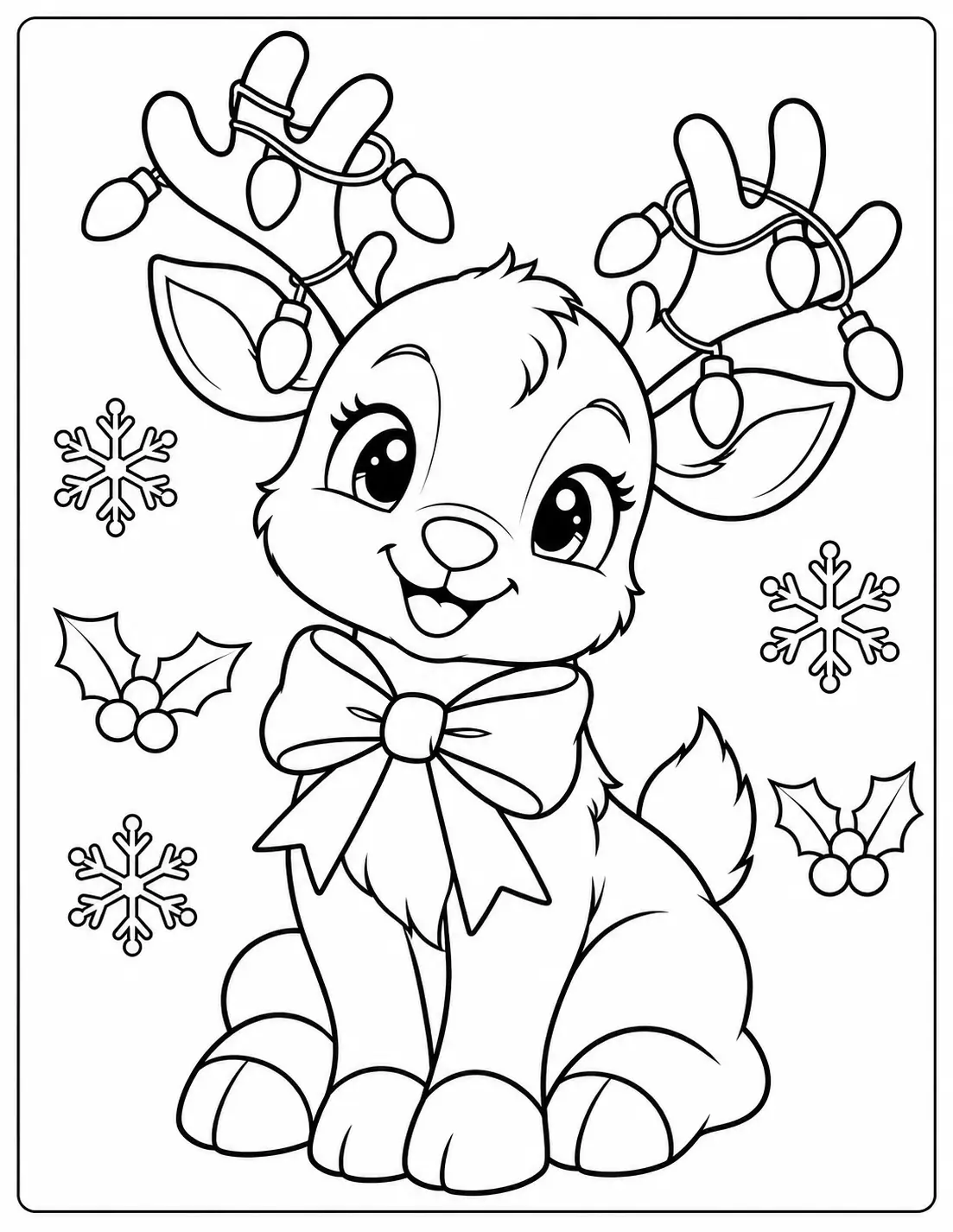 Baby reindeer with Christmas string lights on its antlers coloring page