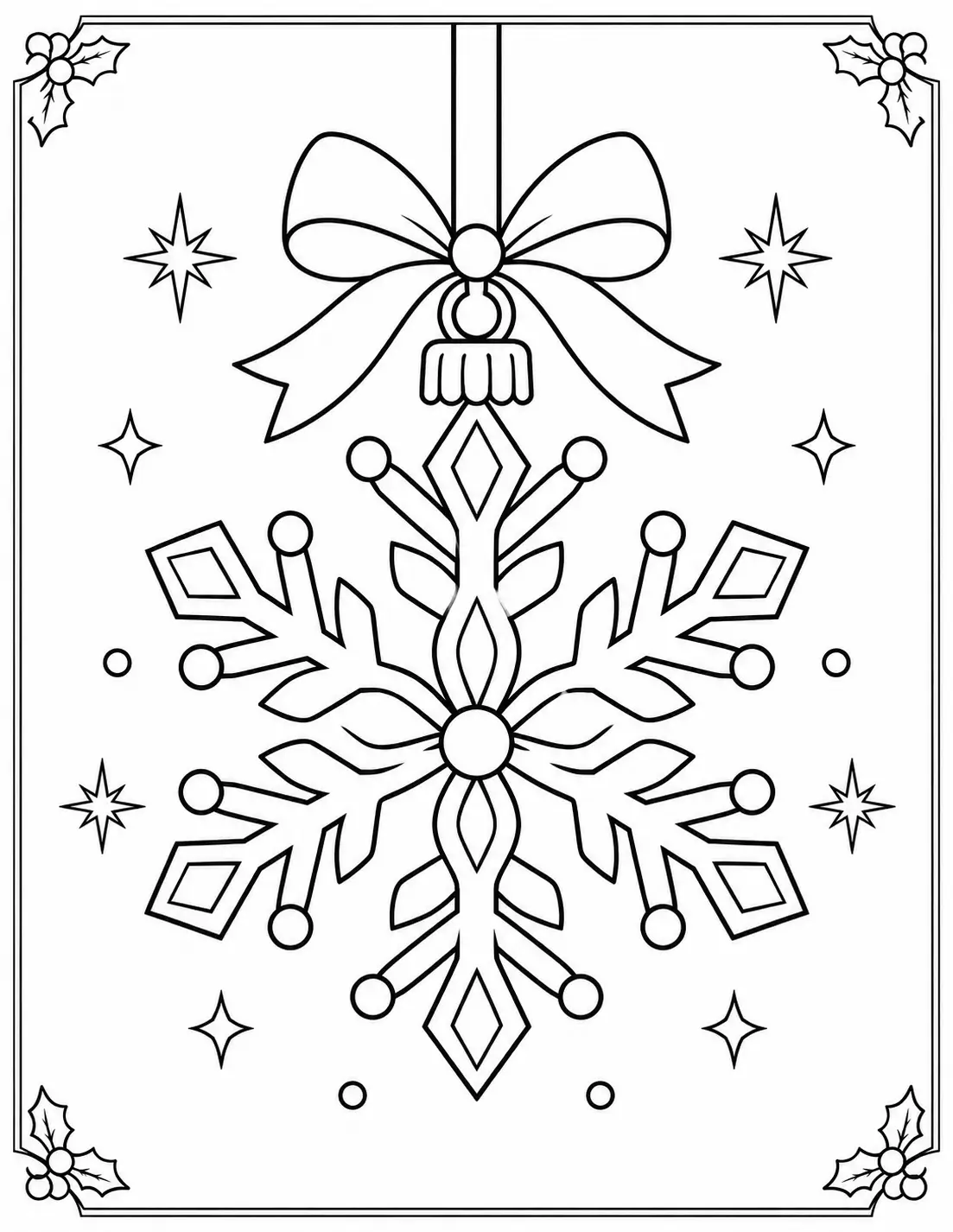 Large hanging geometric snowflake Christmas ornament coloring page